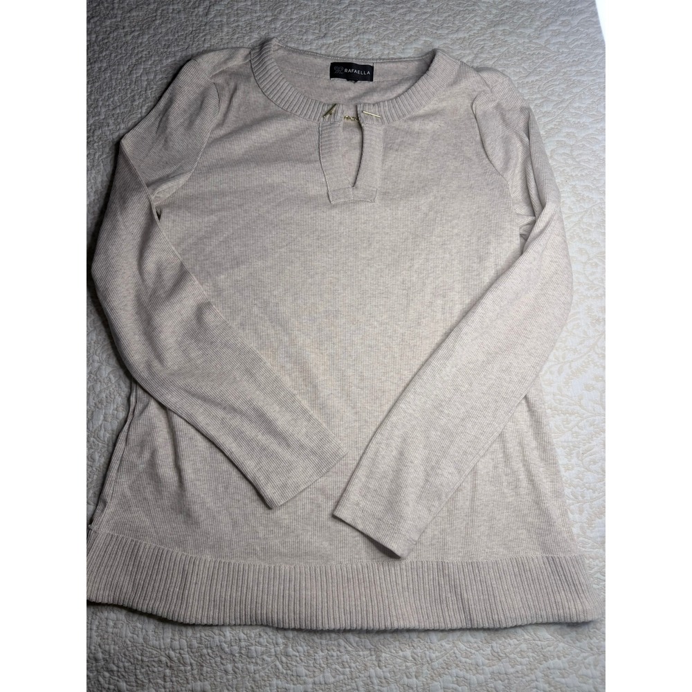 Rafaella Womens Oatmeal Ribbed Knit Chain Keyhole Long Sleeve Top RSKFF053 Small